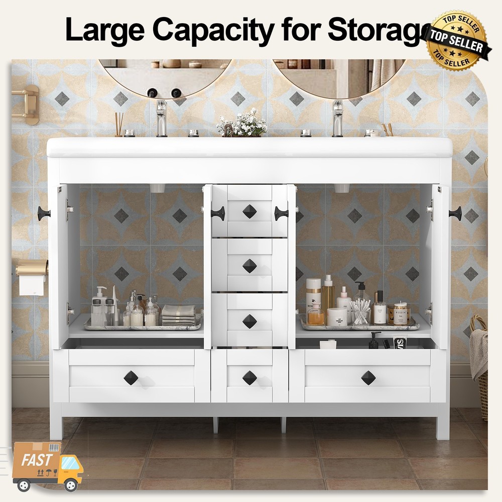 47" White Bathroom Vanity Bathroom Storage Cabinet with Double Ceramic Sink
