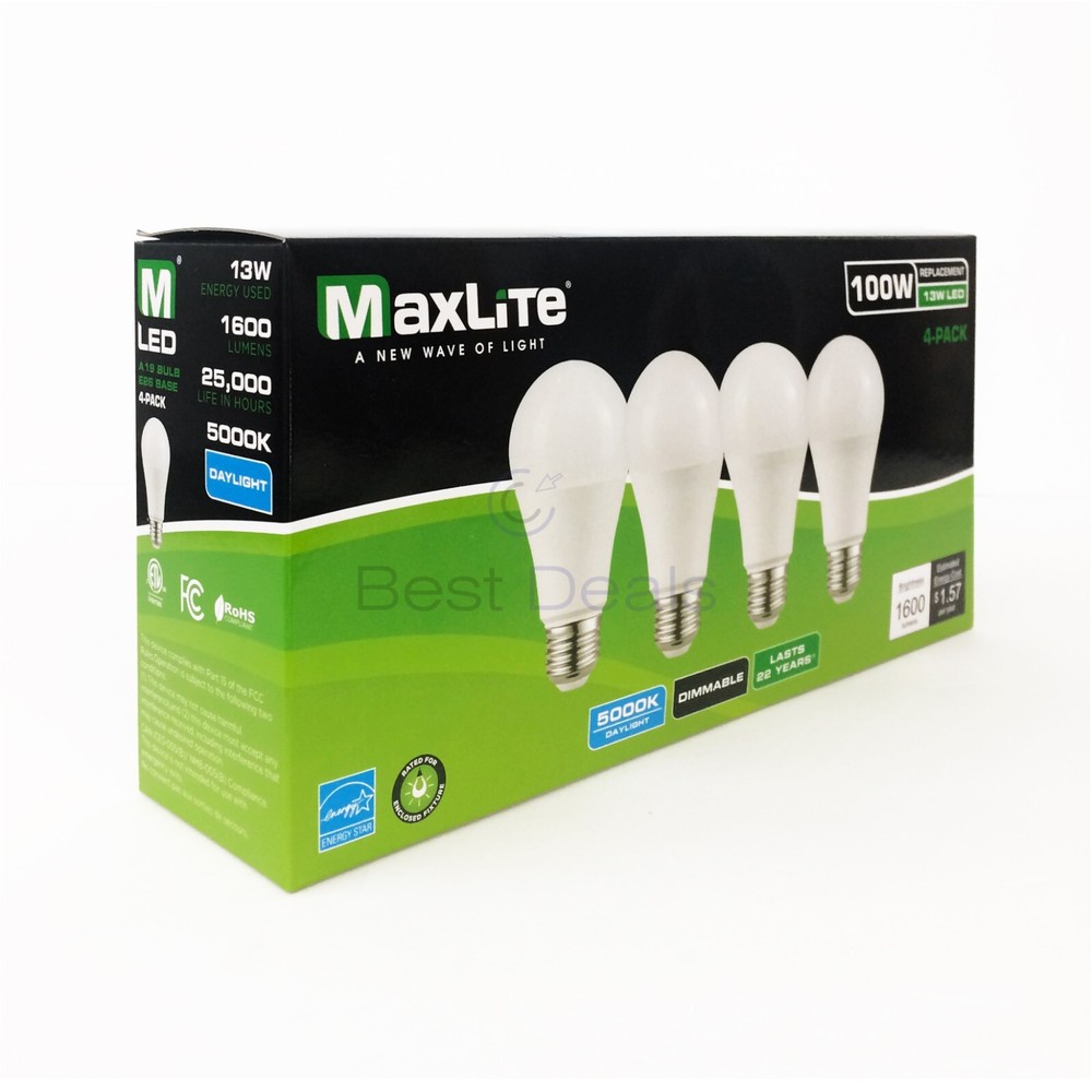 Maxlite Dimmable LED 13W Daylight Light Bulb A19 100W replacement 5000k- 16 PACK
