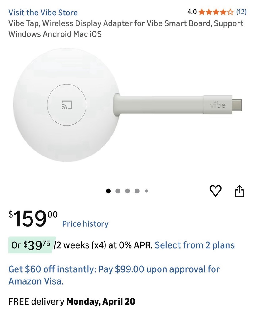 Vibe Tap Wireless Display Adapter HDMI Wi-Fi Dongle for Smart Board White