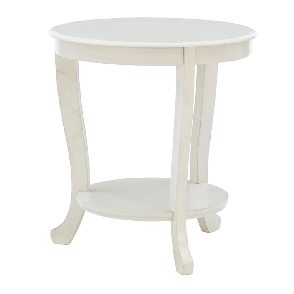 Pemberly Row Round Transitional Wood Side Table with Shelf in White Multi-Step