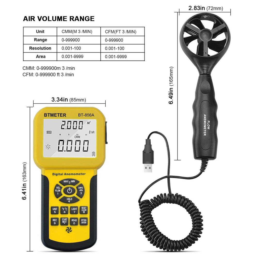 BTMETER BT-856A Pro CFM Anemometer Measures Wind w/ Computer Software