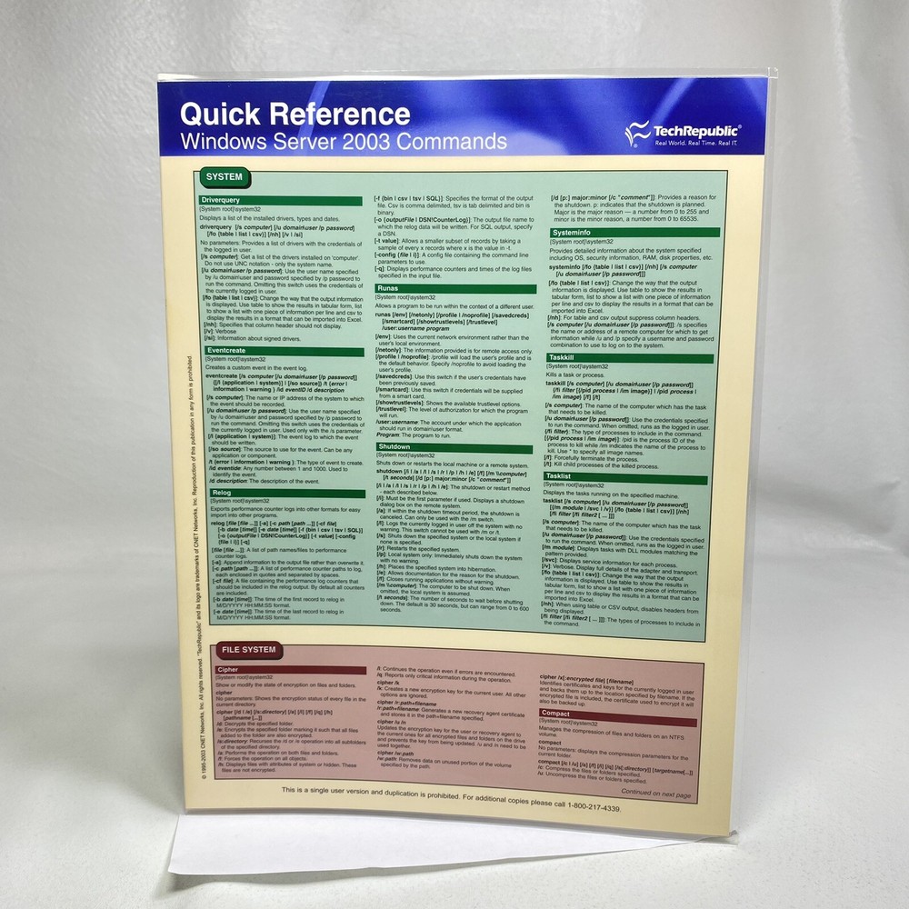 TechRepublic Win Server NT/2003 Quick Reference Commands PC Troubleshooter Guide