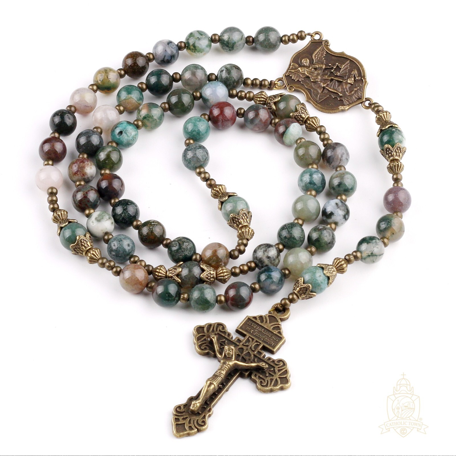 Catholic Town India Agate Natural Stone Beads, Rosary with Caps St Michael medal