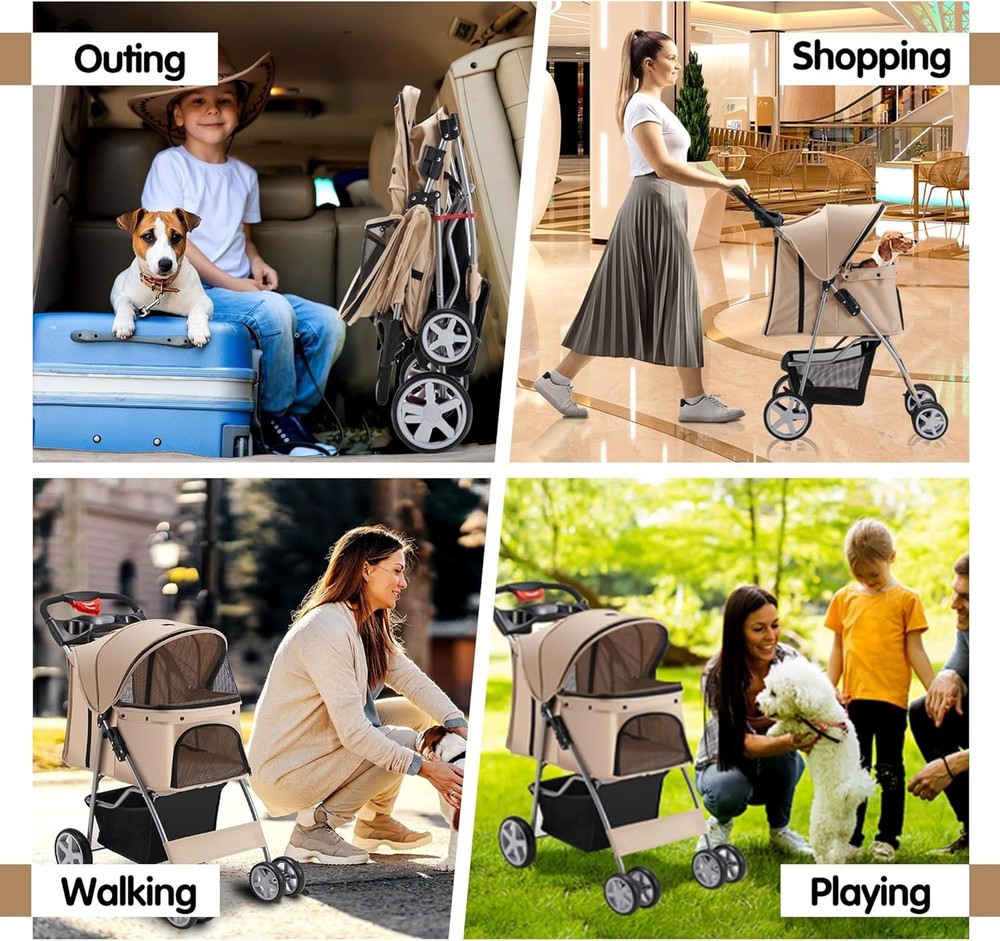 Foldable Pet Stroller 4 Wheels Strolling Cart for Medium/Small Dogs Cats