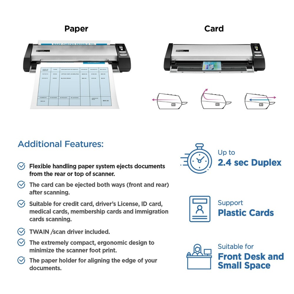 Plustek D430 Compact Desktop Scanner, Fast Scan Speeds for Document and ID Card