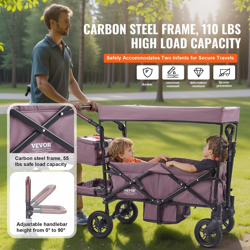 Wagon Stroller for 2 Kid Push Pull Quad Collapsible Stroller w/Adjustable Handle