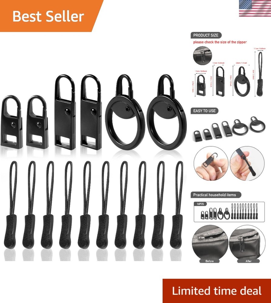 Durable Black Zipper Pull Tab Replacement Kit - Quick, Tool-Free Fix for Bags