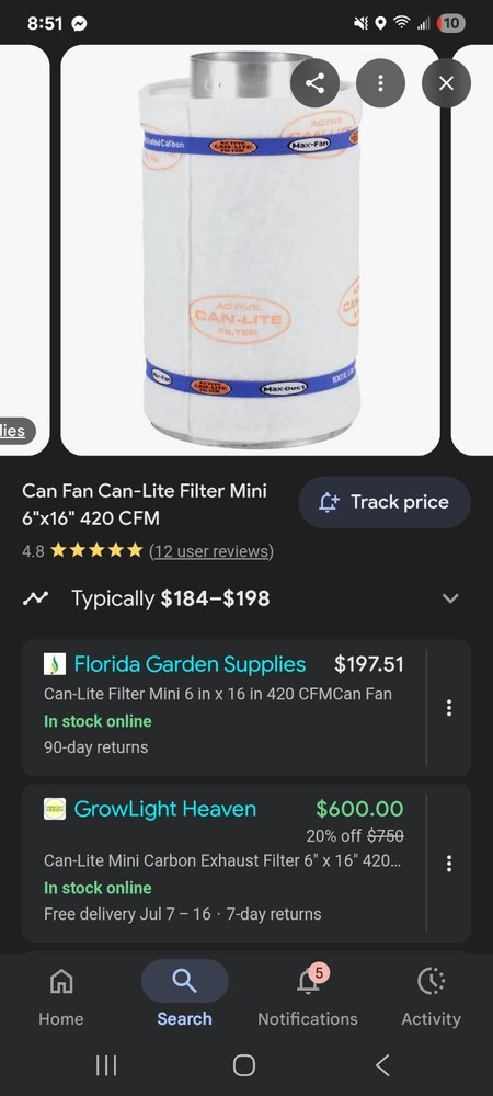 Carbon Filter, 6"x16" 420cfm Canfilter