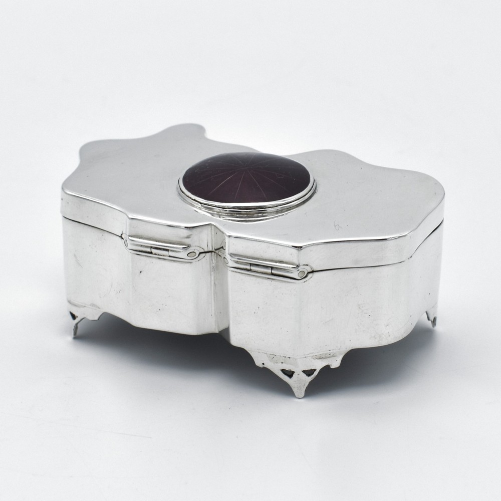Edwardian Solid Silver & Enamel Jewellery Trinket Box 1909 Unusual Shape
