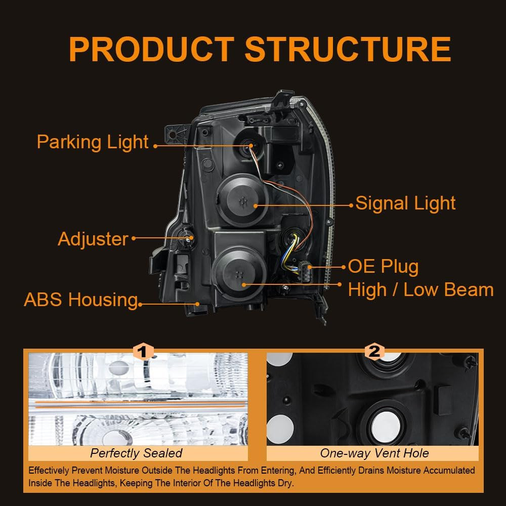 Headlight Assembly, Headlights Kit Compatible with 2007-2014 Cadillac Escalade/2