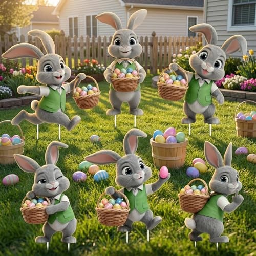 6 PCS Easter Bunny Yard Signs Decorations, Easter Decorations Outdoor with