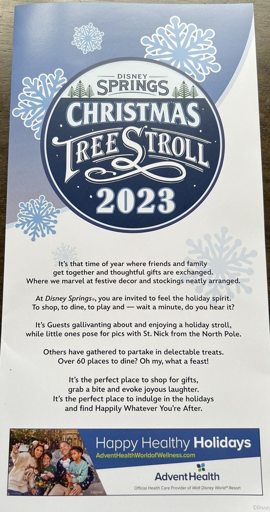 2023 Disney Springs Christmas Tree Stroll Map w/ Stickers & Completion Button