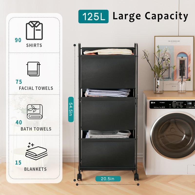 125L Vertical Laundry Hamper with Wheels, 3 Section Large Rolling Laundry Sor...