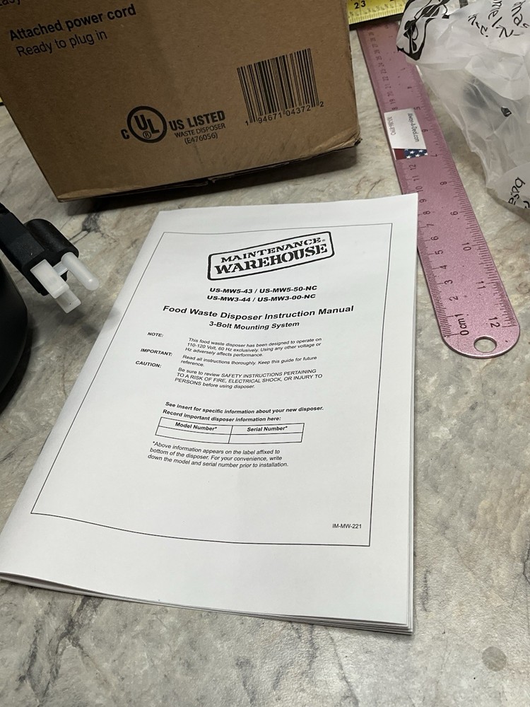 Maintenance Warehouse Food Waste Disposer 1/3 HP W Power Cord 113744 Disposal