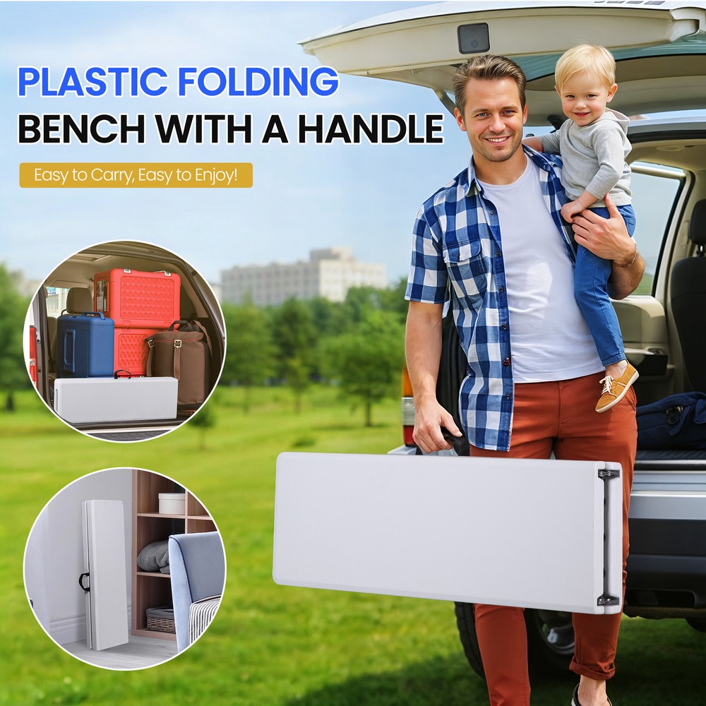6ft Plastic Folding Bench 2 Pack Portable Waterproof Dining Seat w/ Handle White