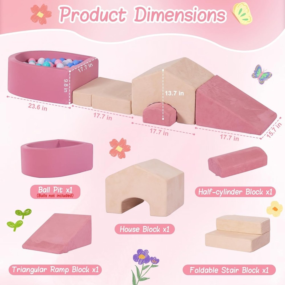 Soft Play Climbing Blocks Set with Ball Pit, Pink/Beige