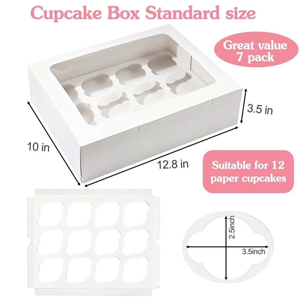 7 Pack Cupcake Boxes, Hold 12 Standard Cupcakes, Auto-Popup Cupcake Container...