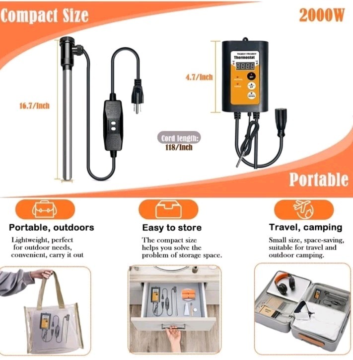 120V | 2000W Portable Immersion Water Heater with Thermostat & GFCI Protection -