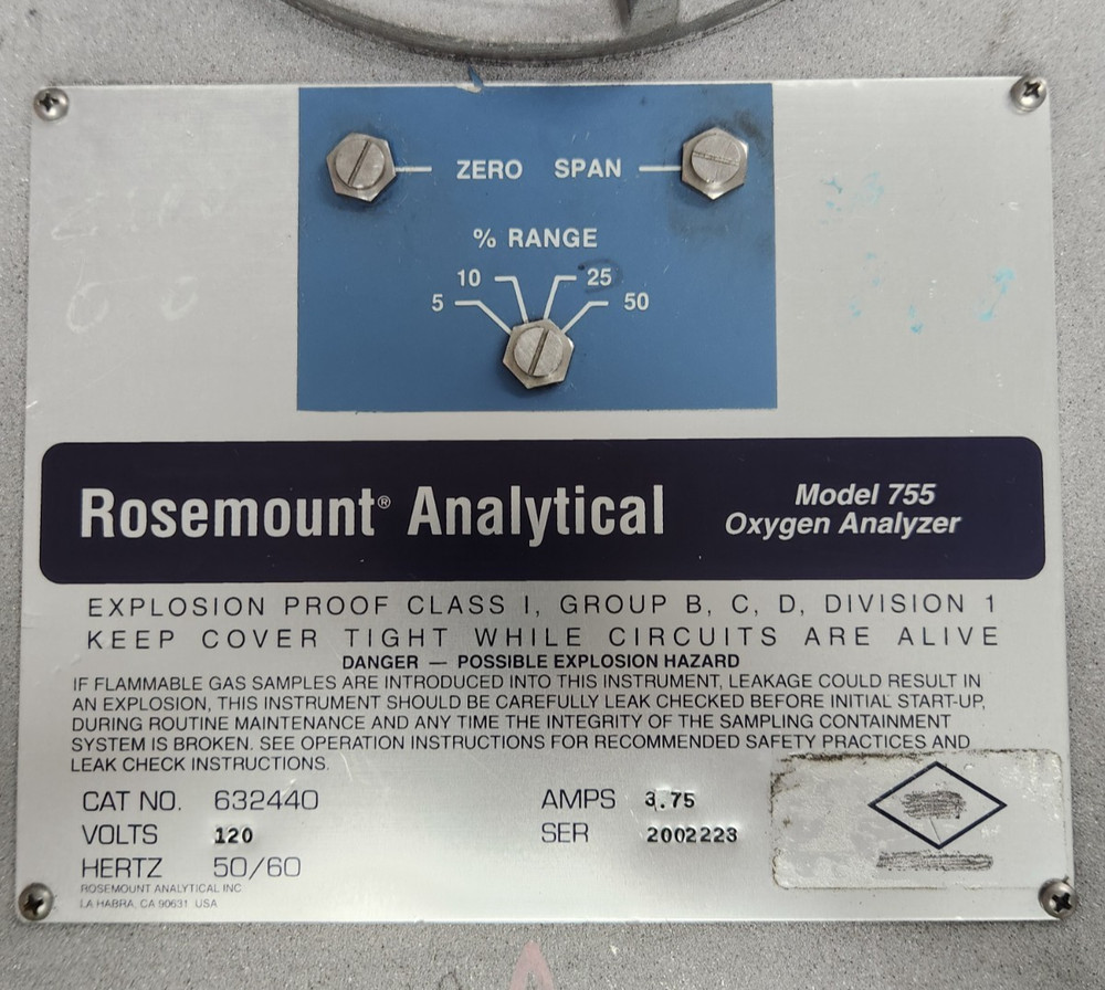 😎 ROSEMOUNT ANALYTICAL 755 HAZARDOUS LOCATION PARAMAGNETIC OXYGEN ANALYZER 120V