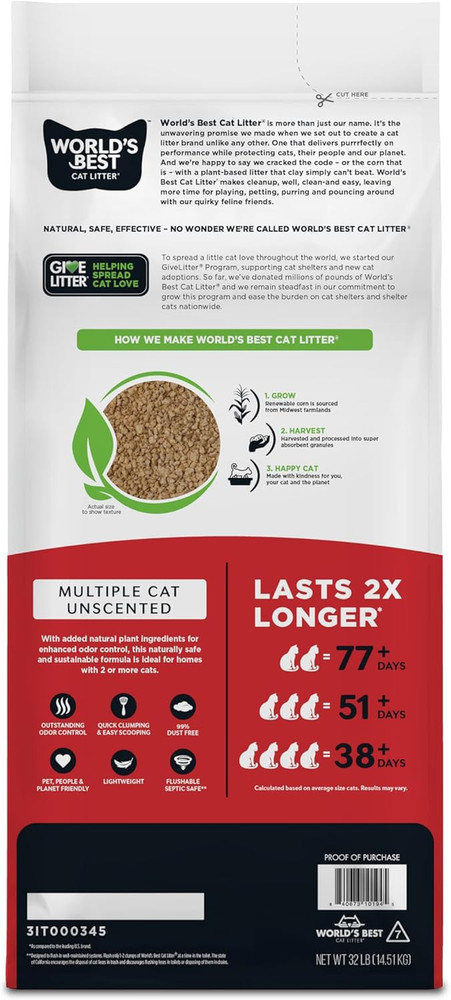 Multiple Cat Unscented, 32-Pounds - Natural Ingredients, Quick Clumping, Flushab