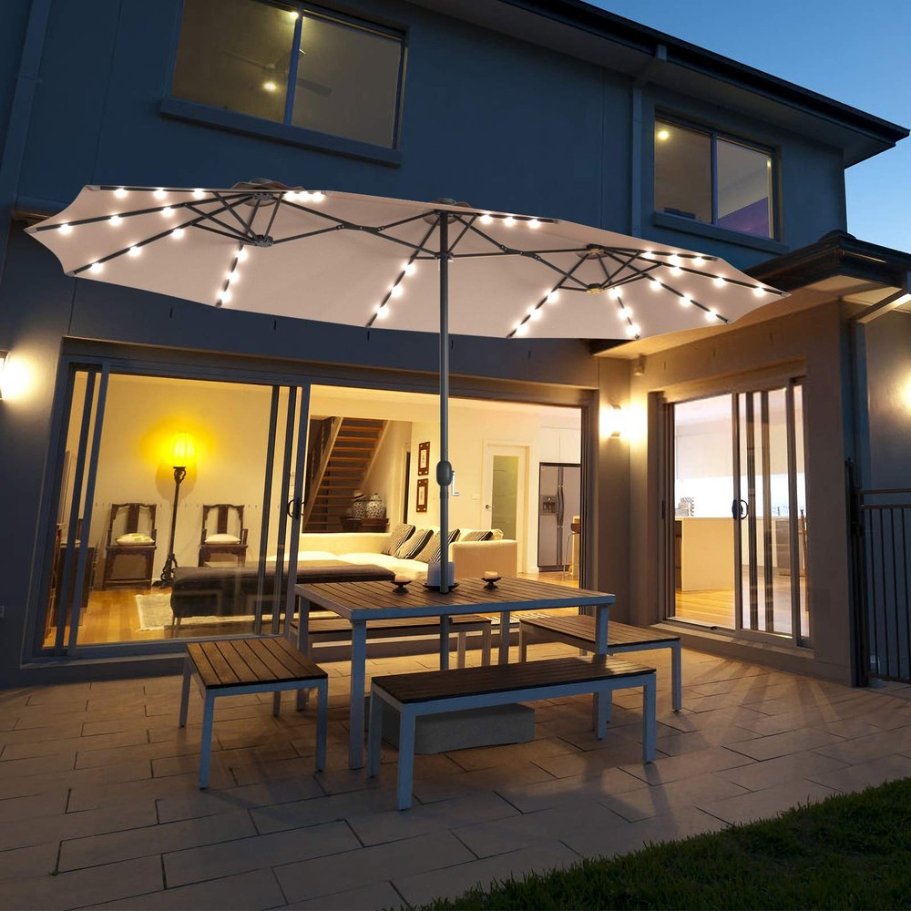 15 Ft Double Sided Patio Umbrella with Solar Lights, Extra Large Rectangle Ou...