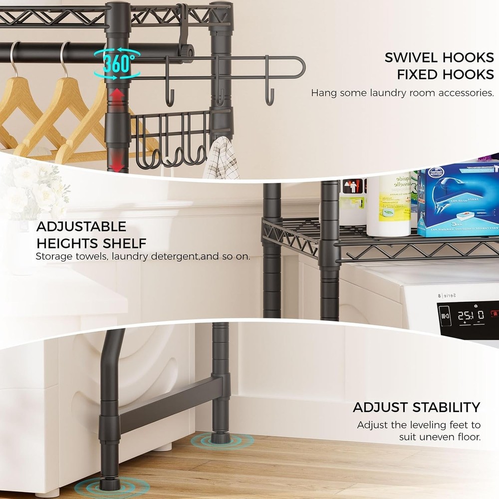 Adjustable 2-Tier Over Washer Shelves - Space-Saving Laundry Organizer in Black
