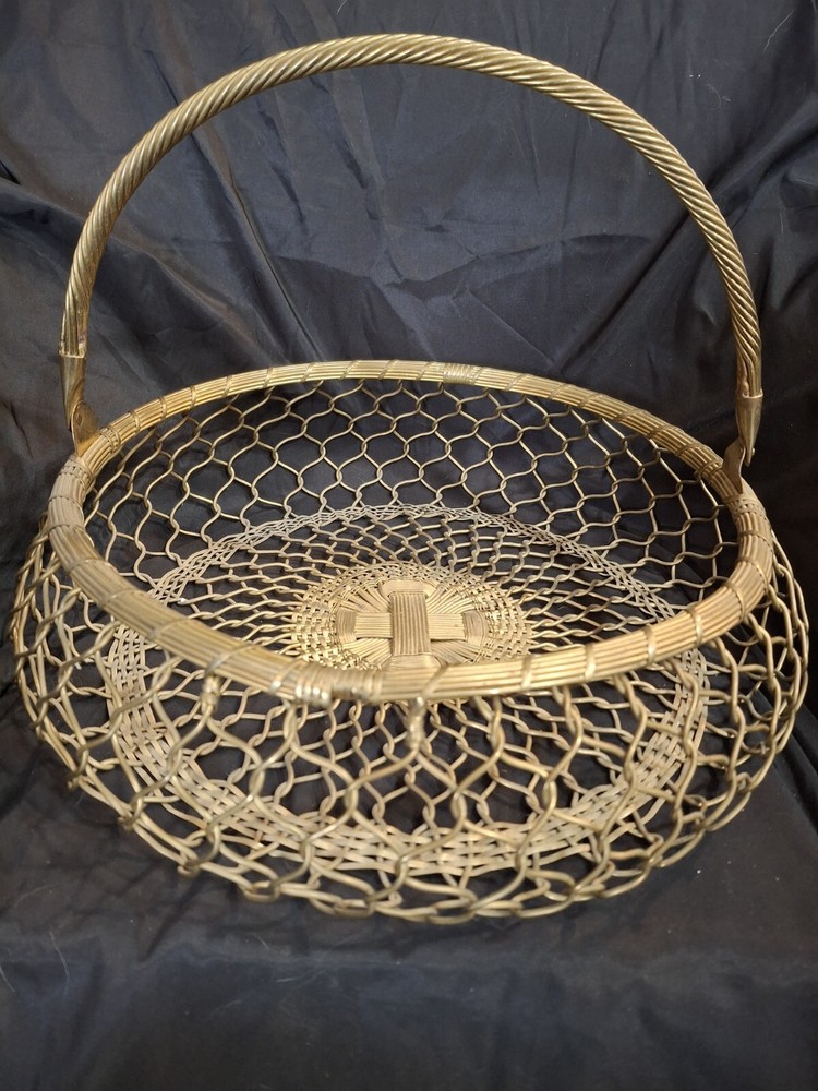 Vintage Gatco Woven Solid Brass Fishnet Wire Basket w/ Handle 14”