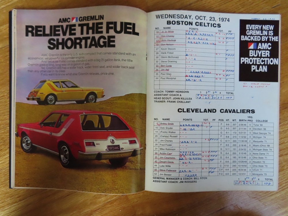 BOSTON CELTICS vs CAVALIERS October 23 1974 Program JOHN HAVIVEK AUSTIN CARR