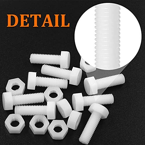 Piutouyar 20 Pair M8x25mm White Nylon Hex Bolts Plastic Hex Nuts Full Thread