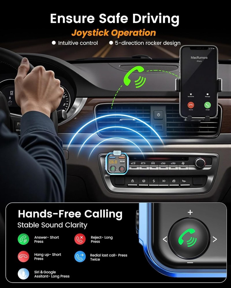 Wireless Car Adapter: Bluetooth 5.3 with Fast Charge & Hands-Free Calling
