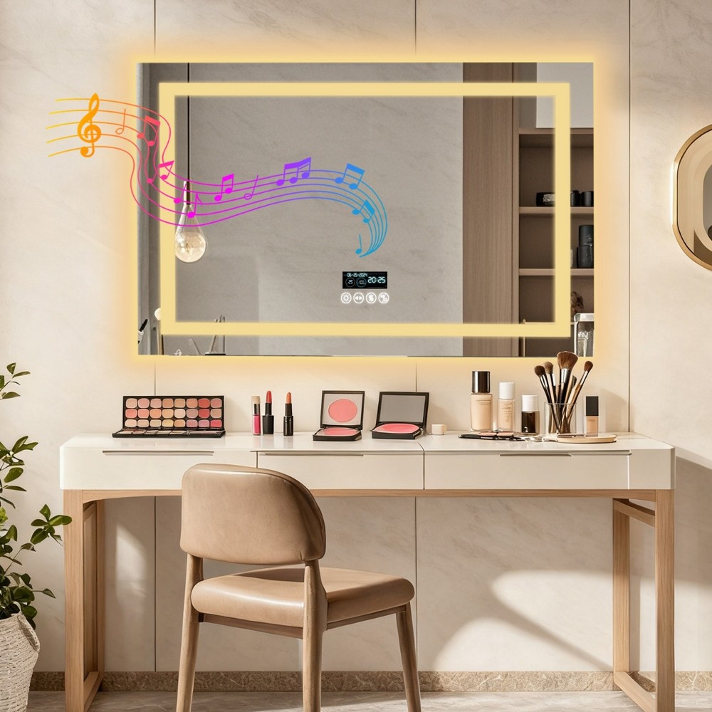 40'' LED Bathroom Mirror Bluetooth Speaker Antifog Digital Display Vanity Mirror