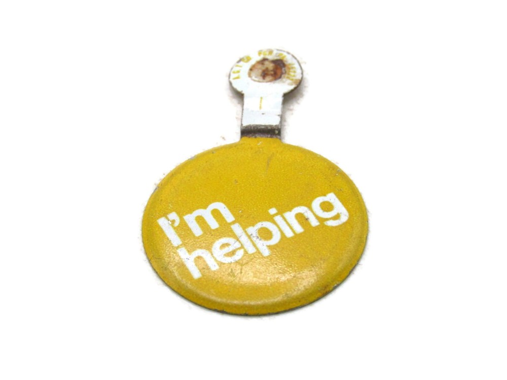 Vintage 'I'm Helping' Slogan Pinback Button Yellow White Fold Over Tab Pin