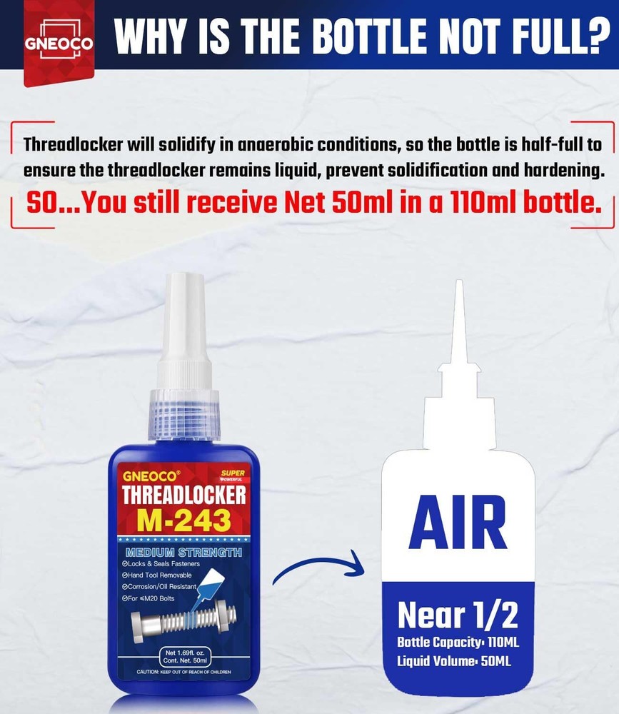 ThreadLocker Blue 243 50ml, Thread Lock Medium Strength Lock Tight for...