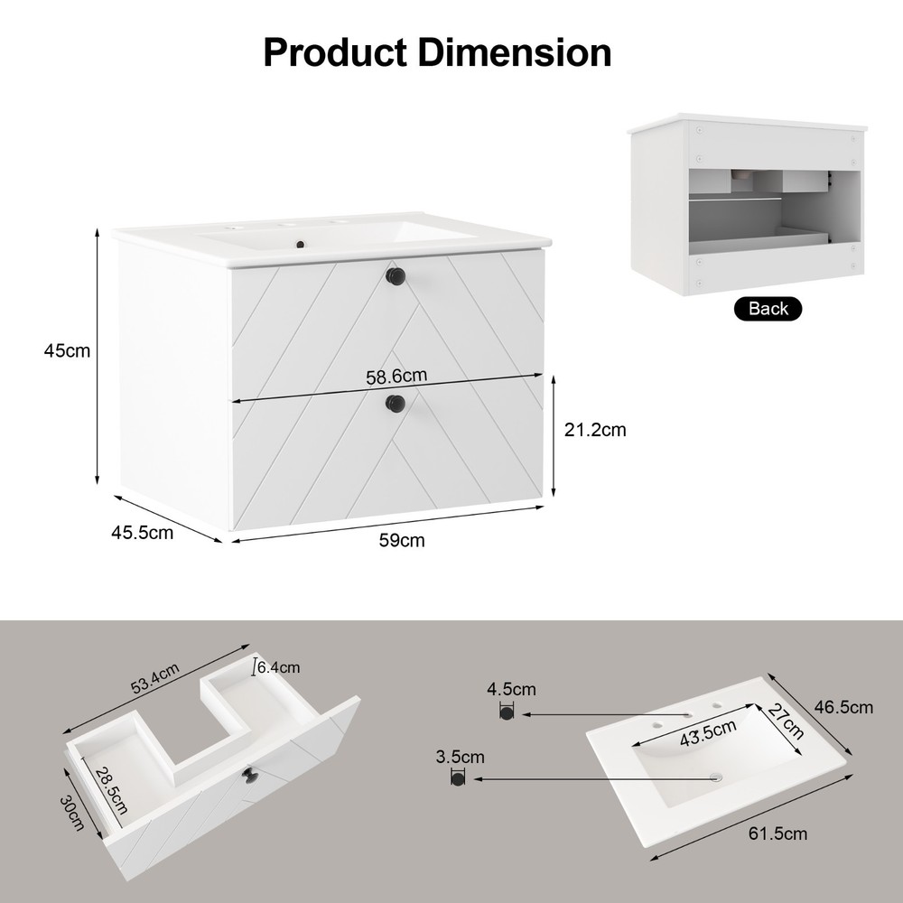 Floating Wall-Mounted Vanity Set with Ceramic Sink, Soft-Close Drawers White
