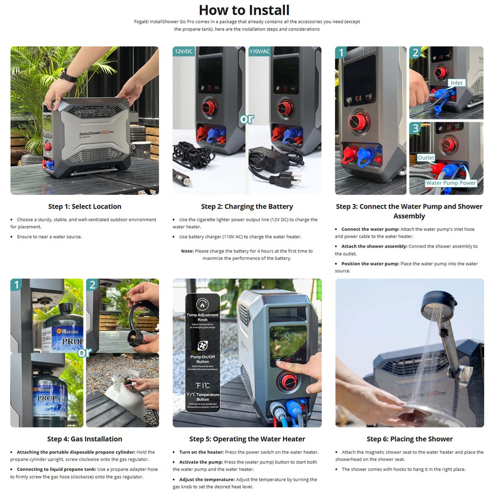 Propane Portable Tankless Water Heater Table Top Instant Hot Camping ,22000BTU