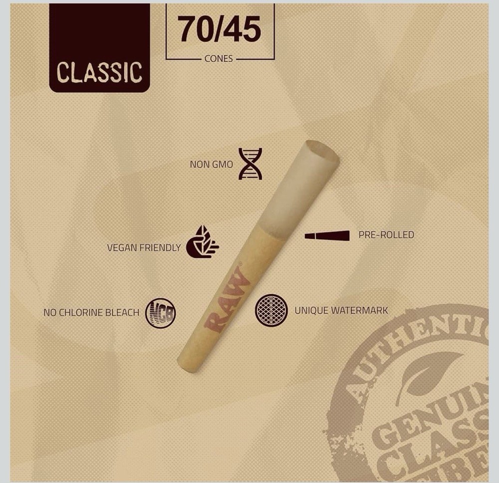 Raw rolling paper single Size 70/45 Pre Rolled Cone + Lighter