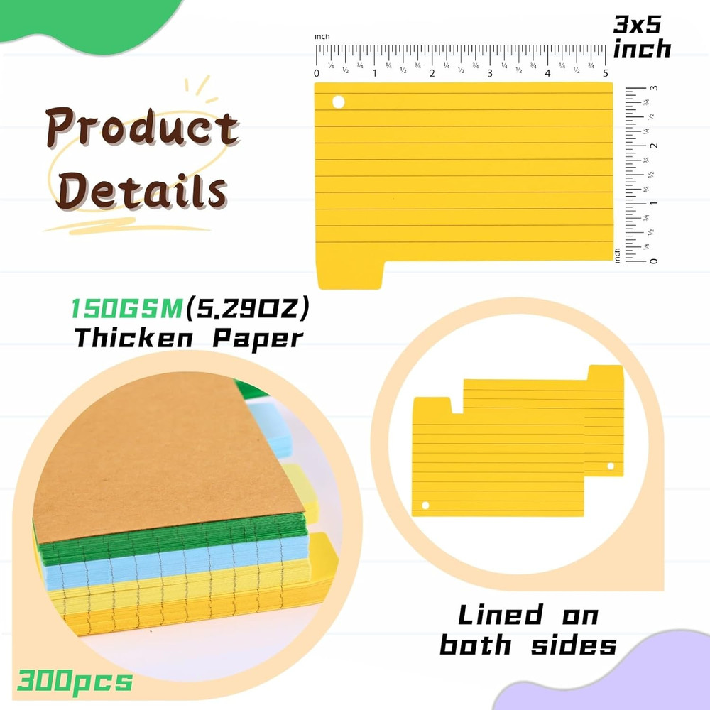 200PCS Tabbed Index Cards with Ring 3X5: Lined Colored Flash Card with Tabs, Ass