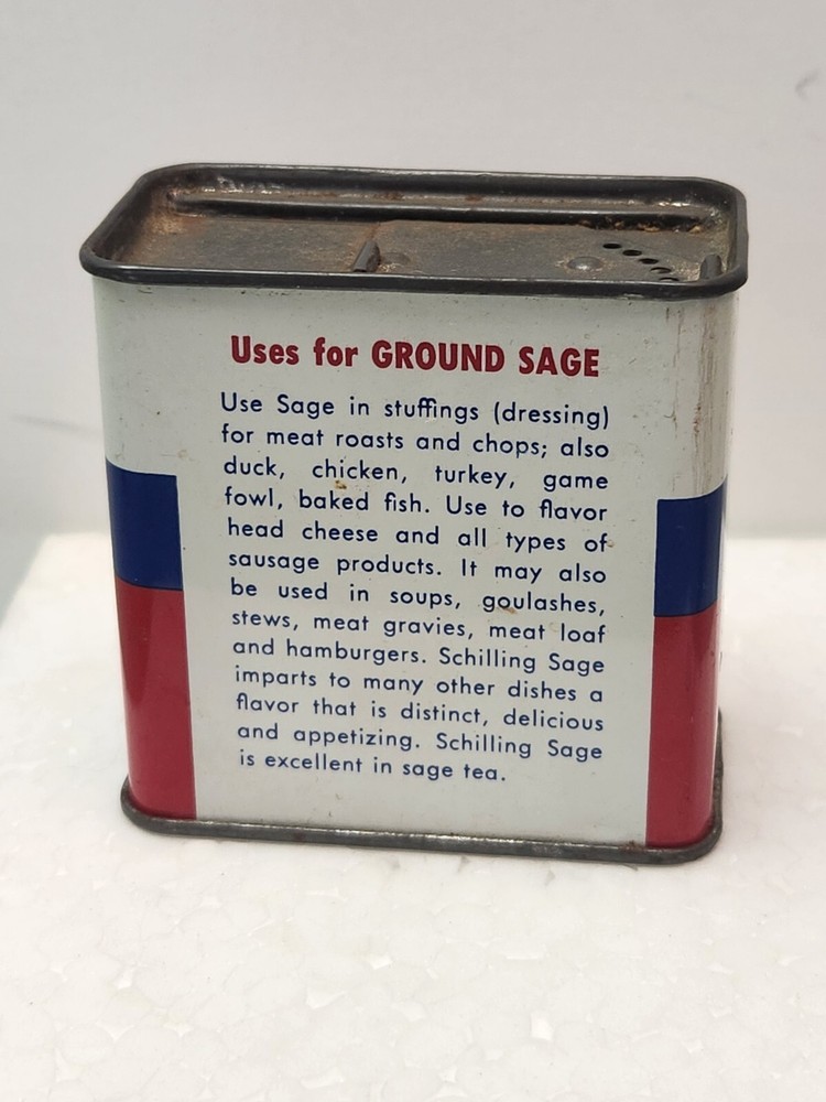1950's SPICE TIN SCHILLING Ground SAGE 1 OZ. MCCORMICK & CO.