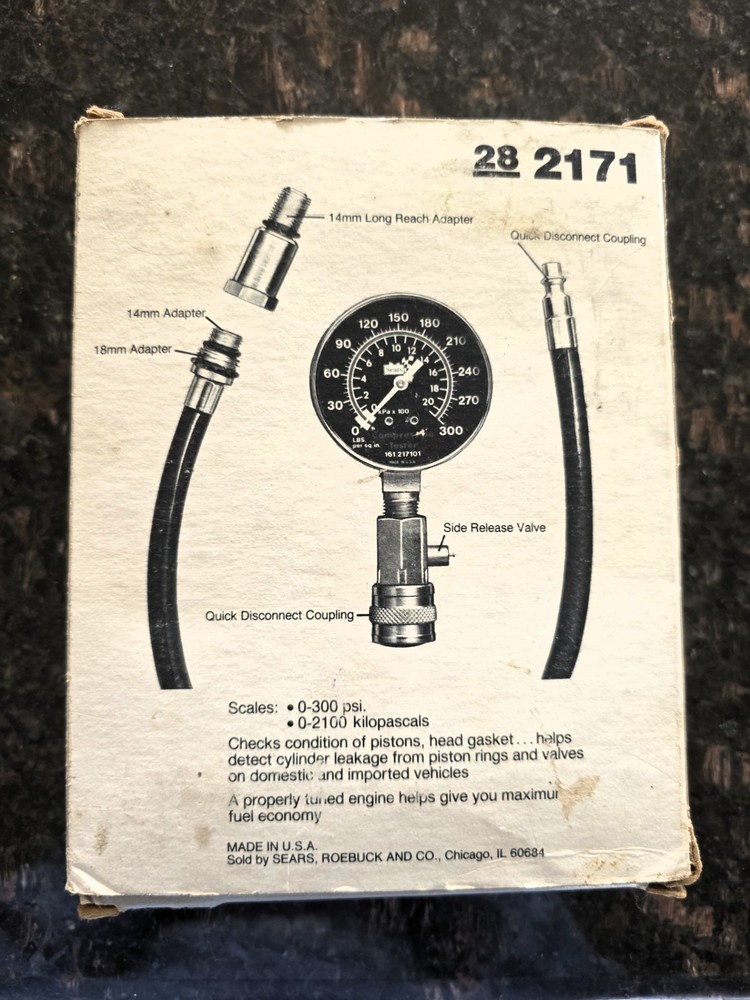 SEARS 28-2171 - VINTAGE Flexible Drive Engine Compression Tester Kit Great Shape