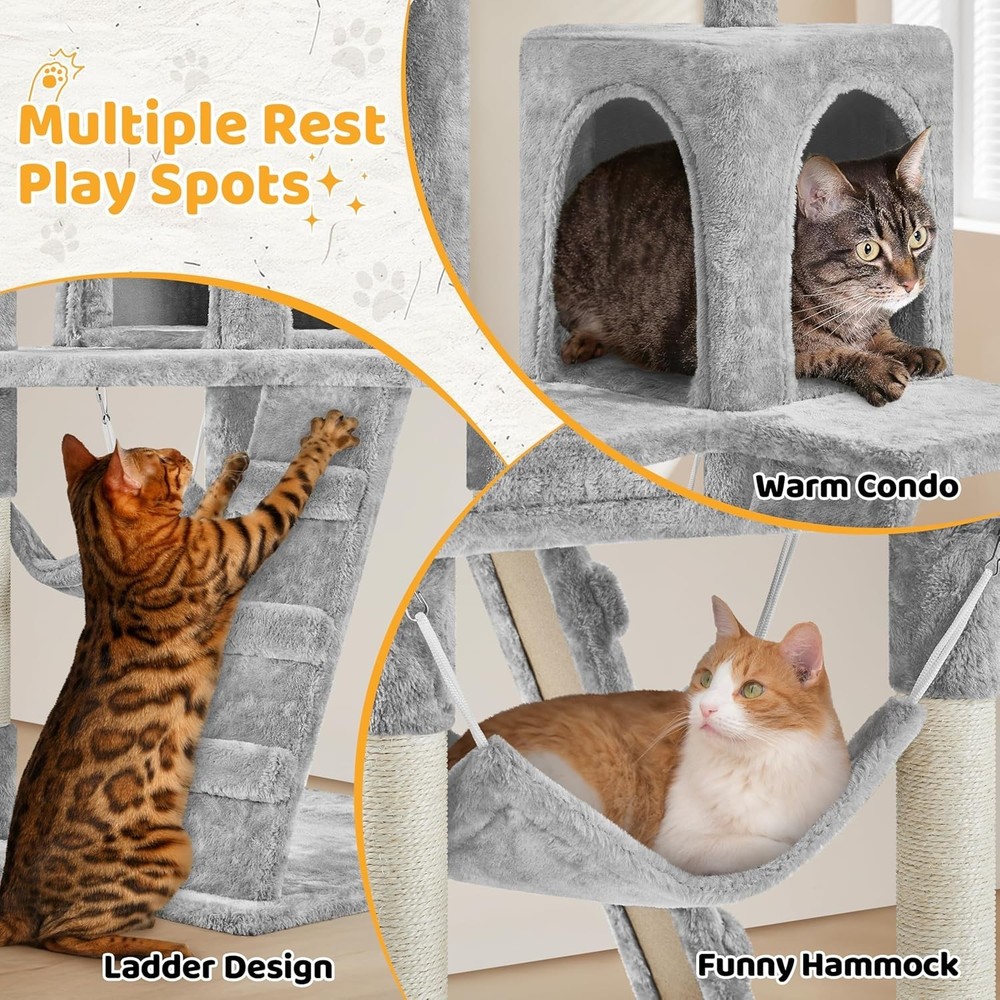 | 54in Cat Tree | Multi-Level Cat Tower w/Spacious Perch, Cozy Condo and Hamm...