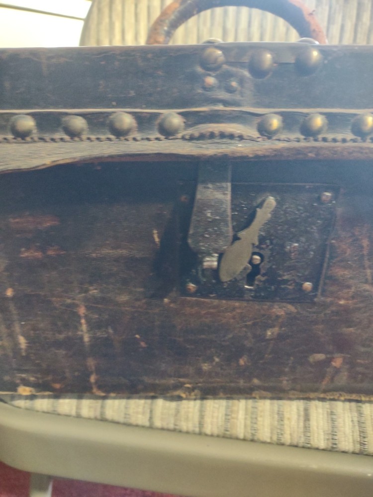 1820s Pre War Boston Robert Burr BLACK LEATHER w BRASS STUDS TRUNK Document BOX