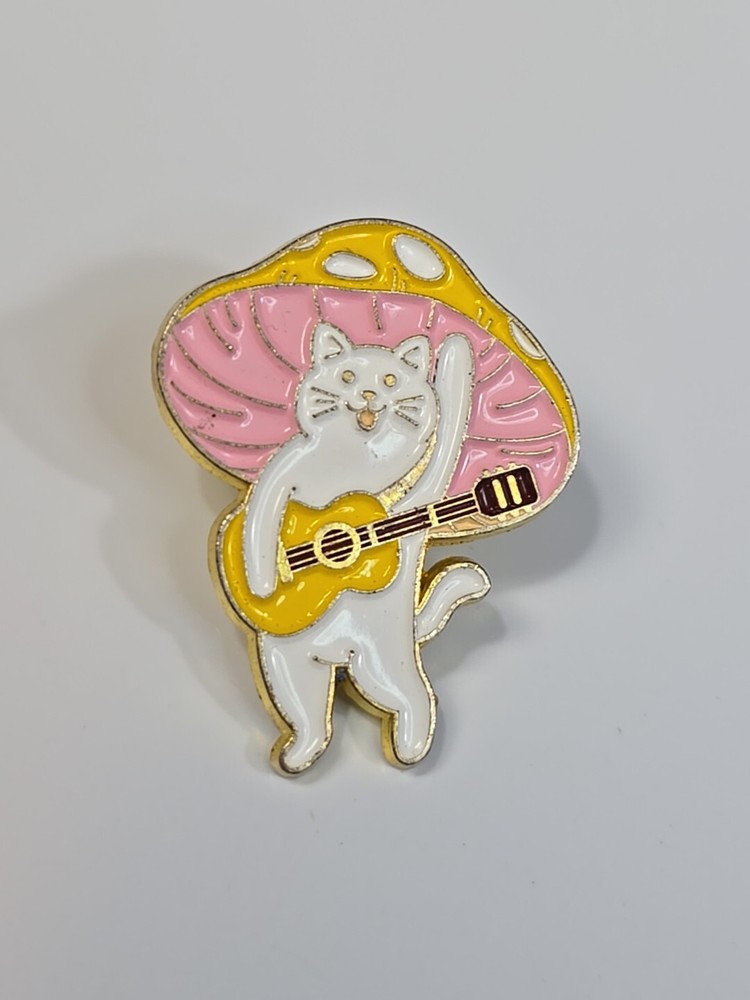 Mushroon Hat Cat Playing Guitar Lapel Pin