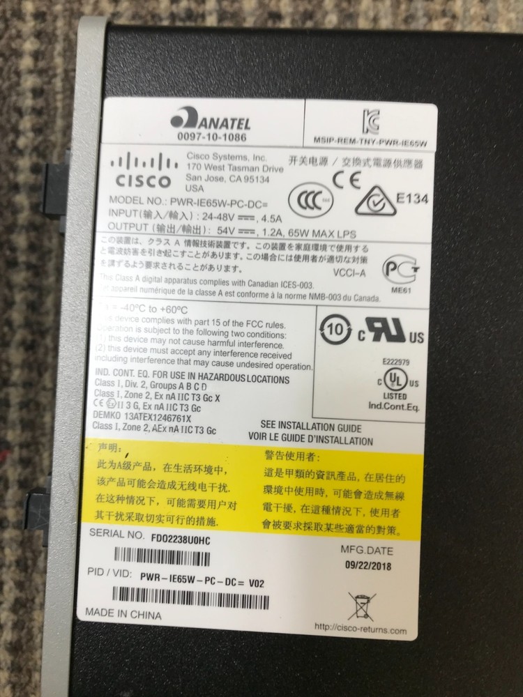 Cisco PWR-IE65W-PC-DC PoE Solution PN: 341-0543-01 54V Power Module