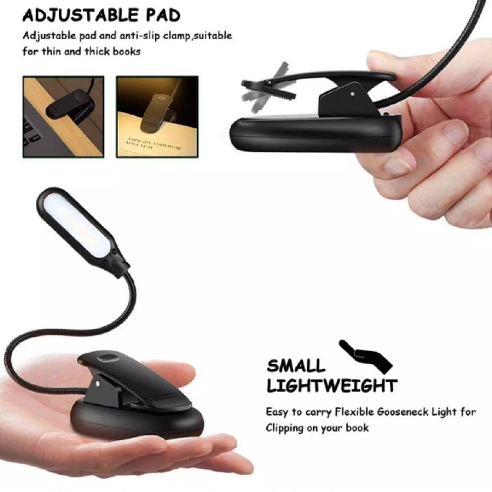 Clip On LED Reading Light Battery Powered Flexible Lamp for Book Laptop eReader