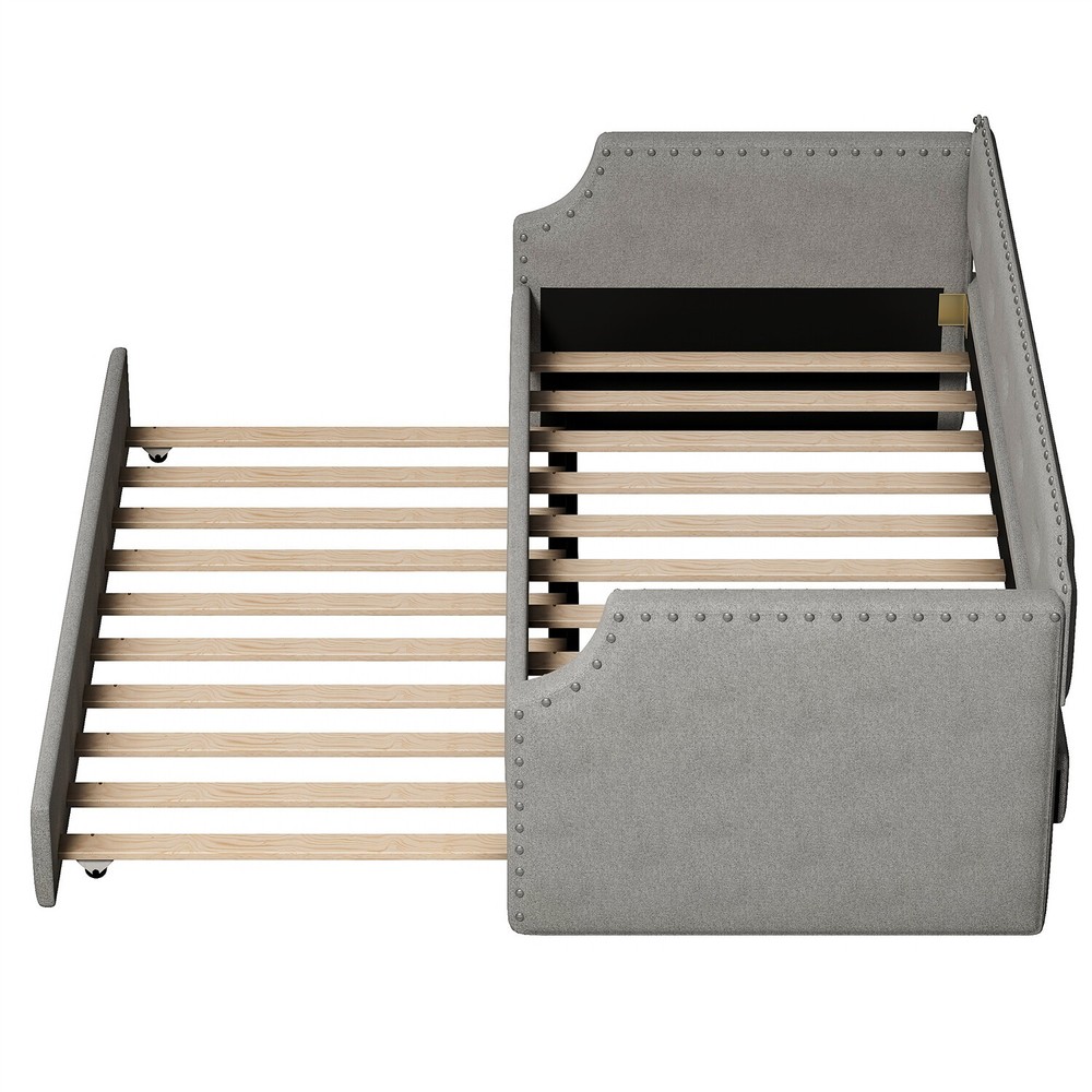 Twin Size Daybed w/ Pull-Out Trundle Bed Upholstered Bed Frame Sofa Bed US