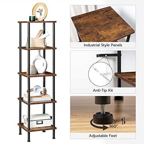 5-Tier Corner Shelf Stand - Tall Storage Display Rack for Small Spaces, Rustic B