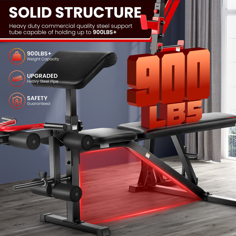 Adjustable 900LBS Weight Bench Set with Squat Rack & Leg Extension