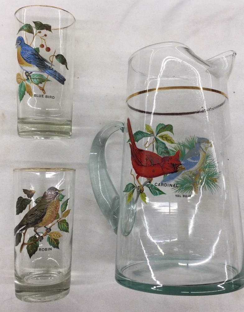 Bird Scene Glass Pitcher, 2 Glasses, Preowned