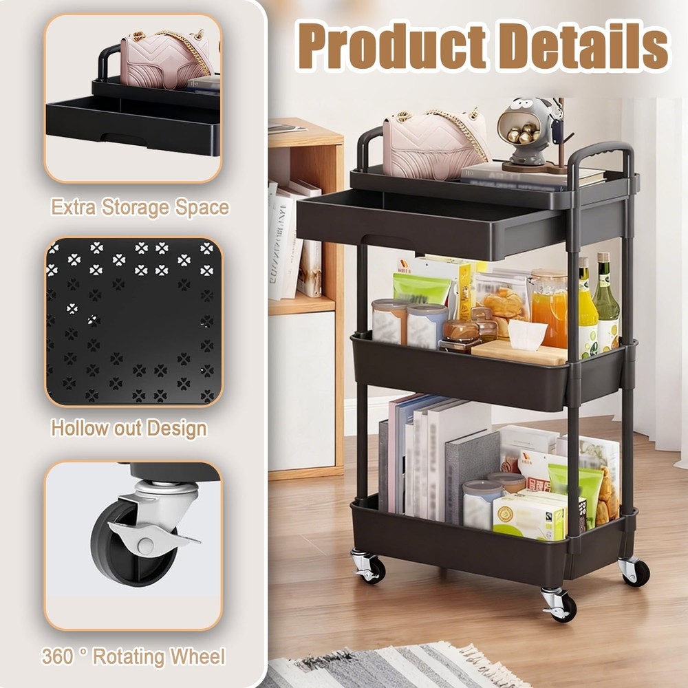 3Tier Storage Cart, Rolling Cart with Drawers Storage Organizer, Rolling Storage