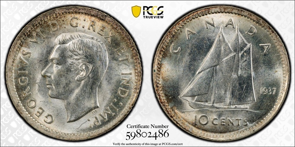 1937 Canada Silver Ten Cents - PCGS MS63